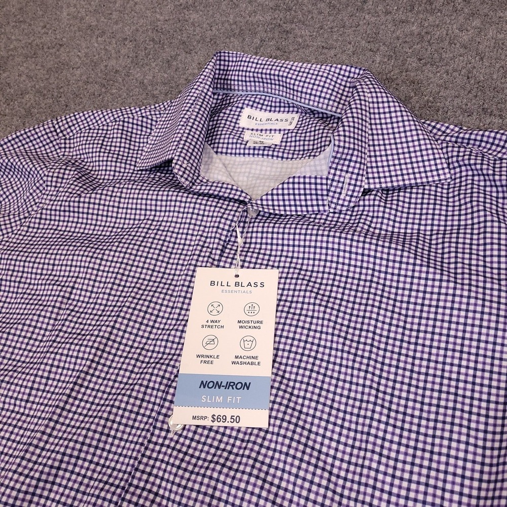 Bill Blass Slim Fit Stretch Mens Button Down Shirt M Purple Gingham NWT